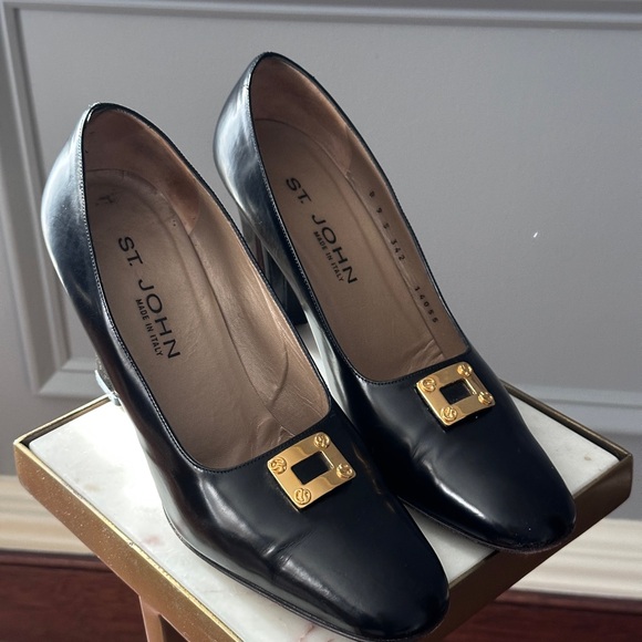 St. John Shoes - St. John Black Leather Pumps with Gold Square Hardware, Vintage